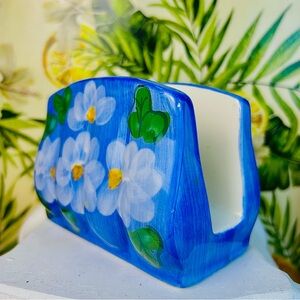 Hand-Painted Ceramic Napkin Holder Blue Floral Cottage Décor